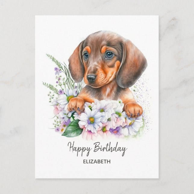 Postal Cumpleaños | acuarela Dachshund y Florals (Anverso)