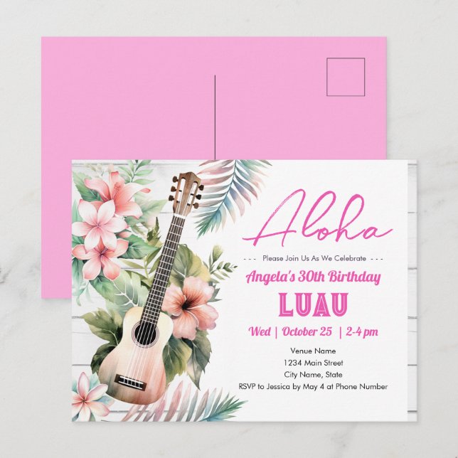 Postal Cumpleaños adulto ukulele Aloha Luau (Anverso / Reverso)
