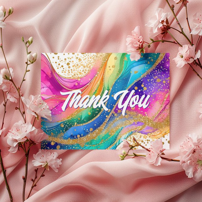 Postal Cumpleaños Agradecimiento Tinta Alcohol Arcoíris (Rainbow Alcohol Ink Birthday Thank You Postcard)