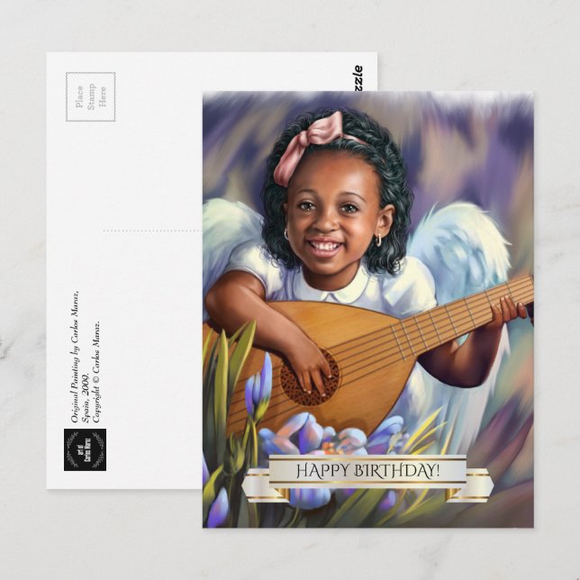 Postal Cumpleaños. Ángel pequeño con Lute (Anverso / Reverso)