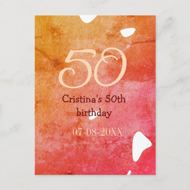 Postal cumpleaños aniversario 50 naranja rojo agregar nom (Anverso)