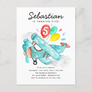 Postal Cumpleaños Avión Globos Avioncito Acuarela Mono