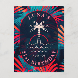 Postal Cumpleaños Beach fiesta Palm Tree hojas sunset