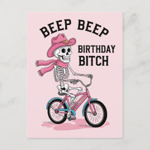 Postal Cumpleaños Beep Beep Divertido Esqueleto Rosa Bici