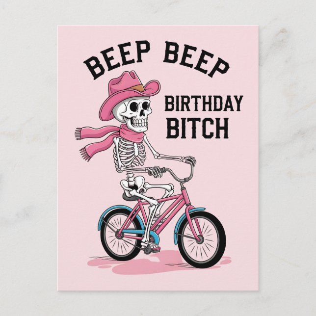 Postal Cumpleaños Beep Beep Divertido Esqueleto Rosa Bici (Anverso)