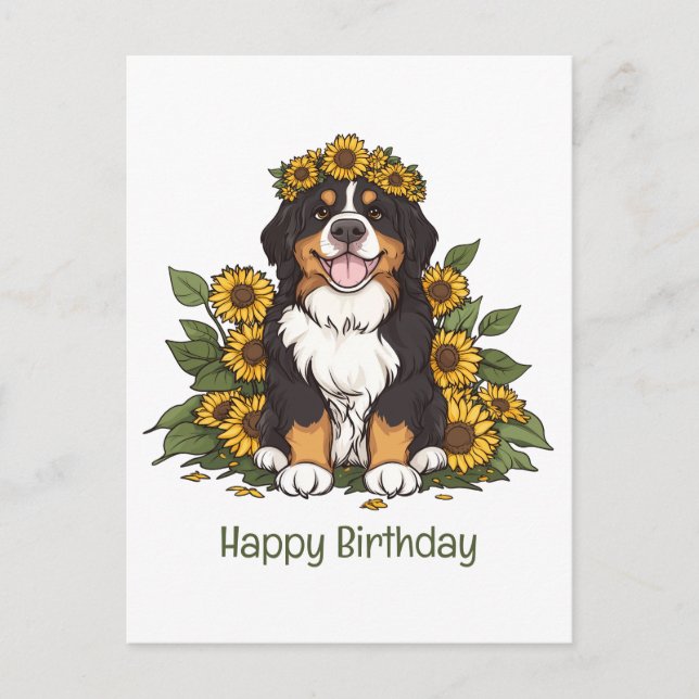 Postal Cumpleaños Bernese Mountain Dog Sunflower Crown (Anverso)