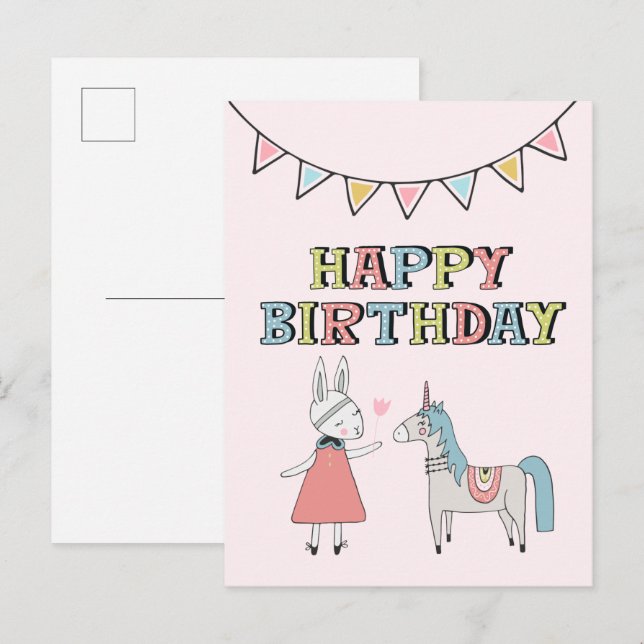 Postal Cumpleaños Bunny y Unicornio (Anverso / Reverso)