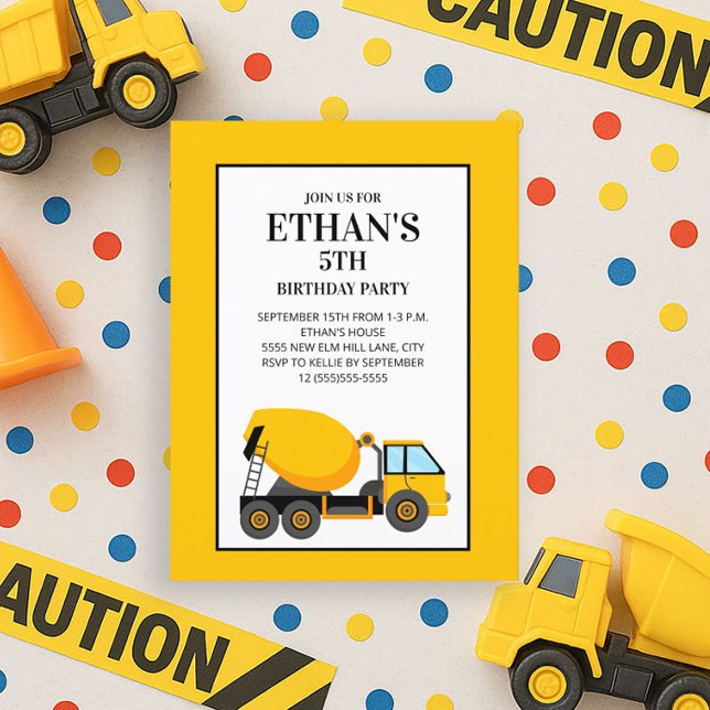 Postal Cumpleaños Camión de Cemento Amarillo (Yellow cement mixer 5th birthday party invitation)