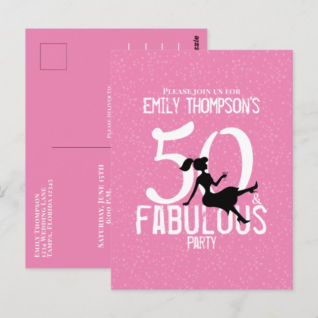 Postal Cumpleaños Cincuenta y Fabuloso estilizado rosa li (Anverso / Reverso)