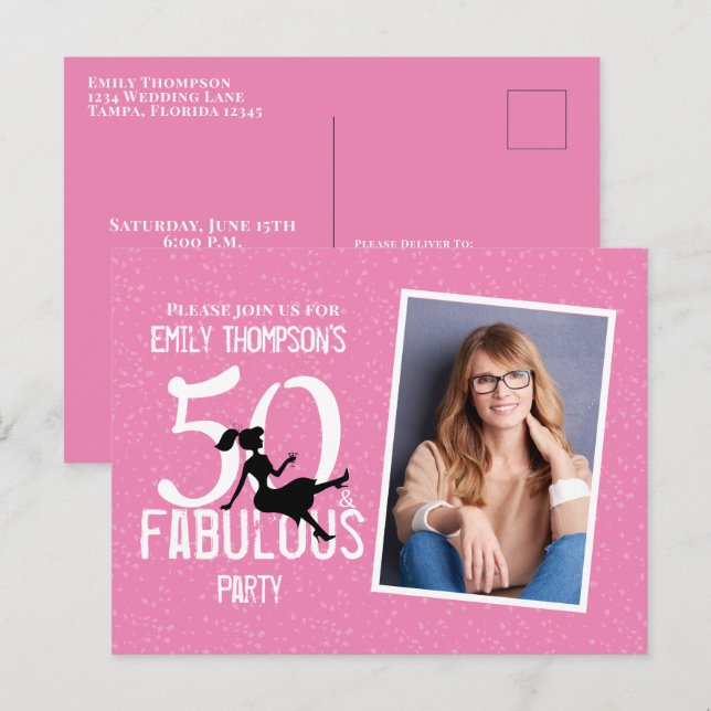 Postal Cumpleaños Cincuenta y fabulosos cócteles rosados  (Anverso / Reverso)