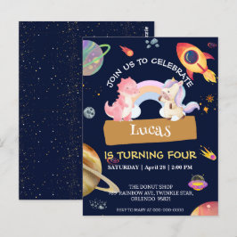 Postal Cumpleaños cohete galaxia dinosaurio unicornio lin