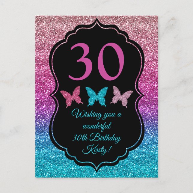 Postal Cumpleaños con brillo y mariposas de gradiente ros (Anverso)