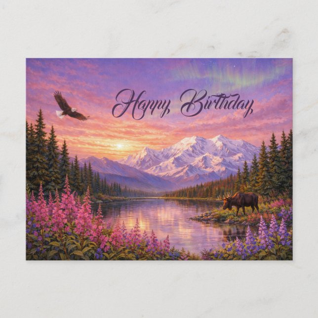 Postal Cumpleaños con paisaje colorido de Alaska (Anverso)