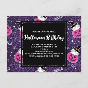 Postal Cumpleaños con patrón de Halloween de gatitos y ca