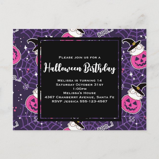 Postal Cumpleaños con patrón de Halloween de gatitos y ca (Anverso)