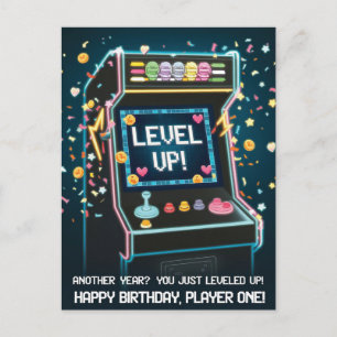 Postal Cumpleaños con tema de Arcade Retro - "¡Sube de ni