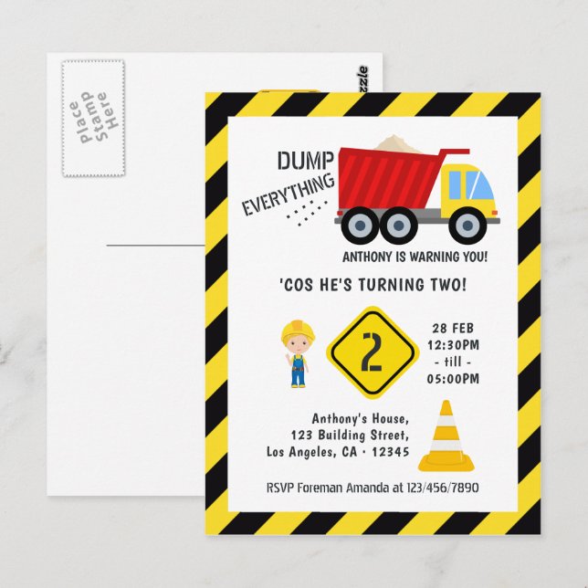 Postal Cumpleaños con tema de construcción para cualquier (Anverso / Reverso)