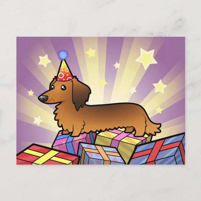 Postal Cumpleaños Dachshund (pelo largo) (Anverso)