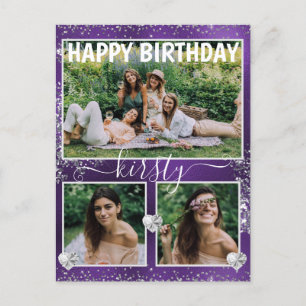 Postal Cumpleaños de 3 fotos con papel de aluminio púrpur
