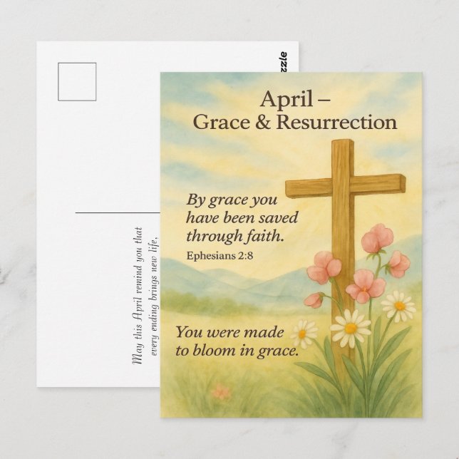 Postal Cumpleaños de Abril Versículo de la Biblia Cruz y  (Anverso / Reverso)