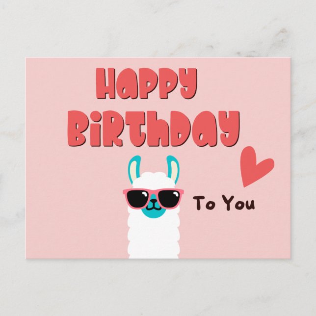 Postal Cumpleaños de adorable llama rosa con gafas (Anverso)