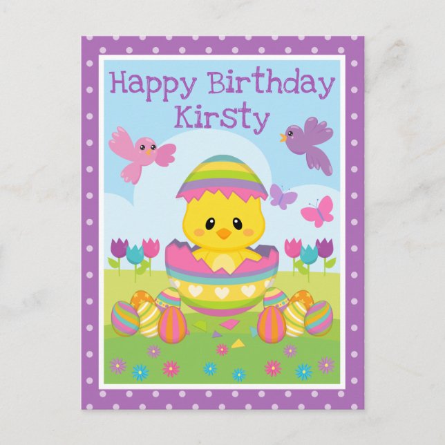 Postal Cumpleaños de adorable pollito de Pascua de primav (Anverso)