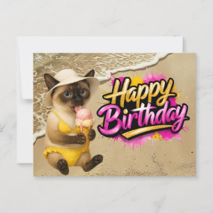 Postal Cumpleaños de amante de gatos con tema de playa