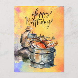 Postal Cumpleaños de amantes de la pesca con acuarela de 