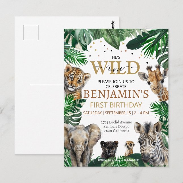 Postal Cumpleaños de animales de safari de la selva tropi (Anverso / Reverso)