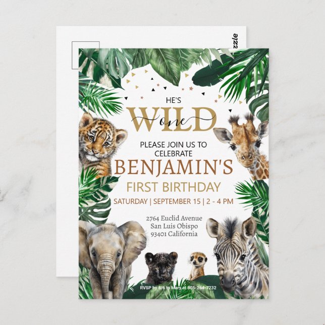 Postal Cumpleaños de animales de safari de selva tropical (Anverso / Reverso)