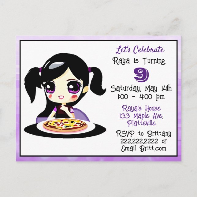 Postal Cumpleaños de Anime Chica Jugando con Pizza Party (Anverso)
