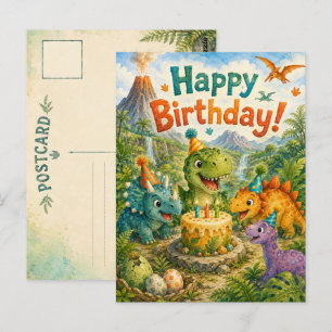 Postal Cumpleaños de aventura prehistórica linda de dinos