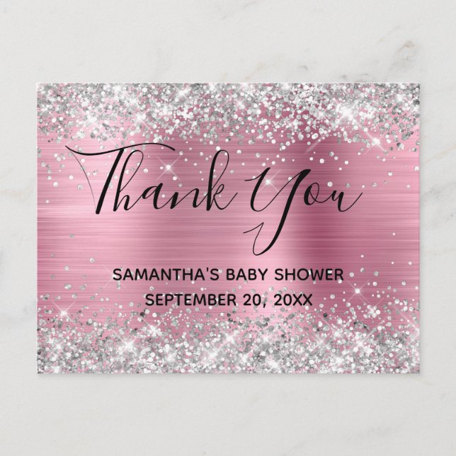 Postal Cumpleaños de bebé con papel de aluminio rosa y br (Anverso)