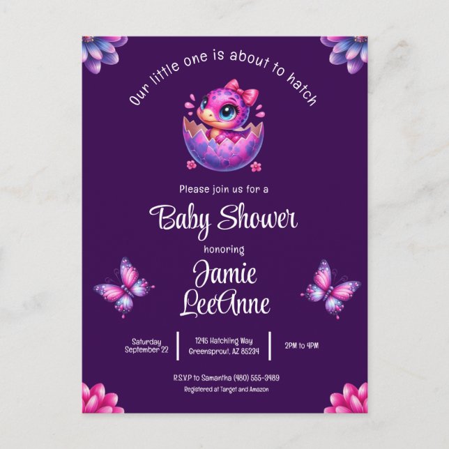 Postal Cumpleaños de Bebé Dinosaurio Púrpura Chic Próxima (Anverso)