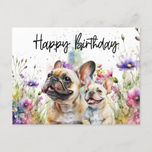 Postal Cumpleaños de Bulldog Francés en Campo de Flores