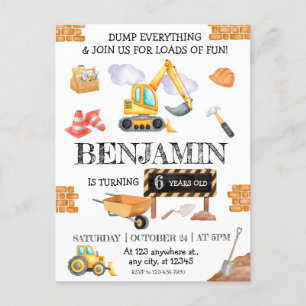 Postal Cumpleaños de Camión Volquete y Excavadora en Obra