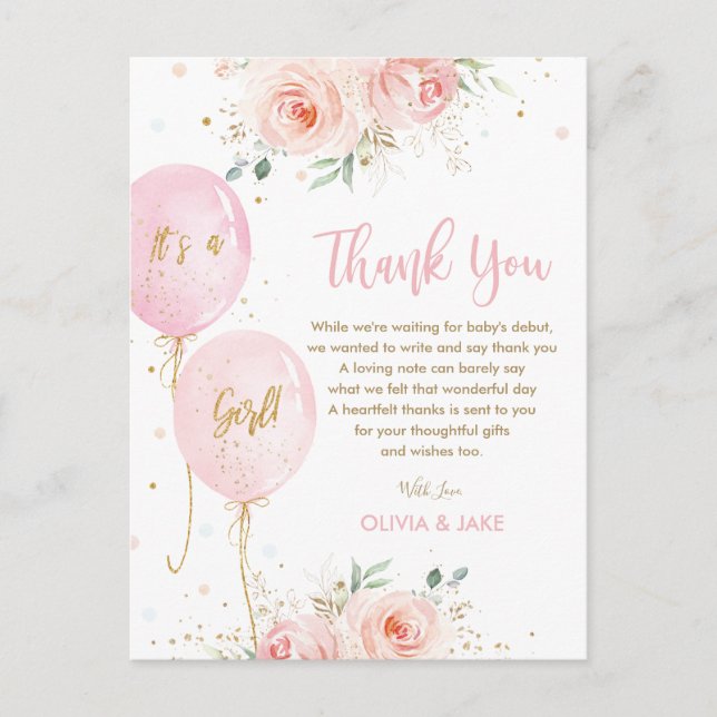 Postal Cumpleaños de Chic Blush Floral Balloons Gracias (Anverso)