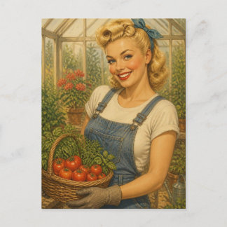Postal Cumpleaños de chica jardinera pinup de los años 50