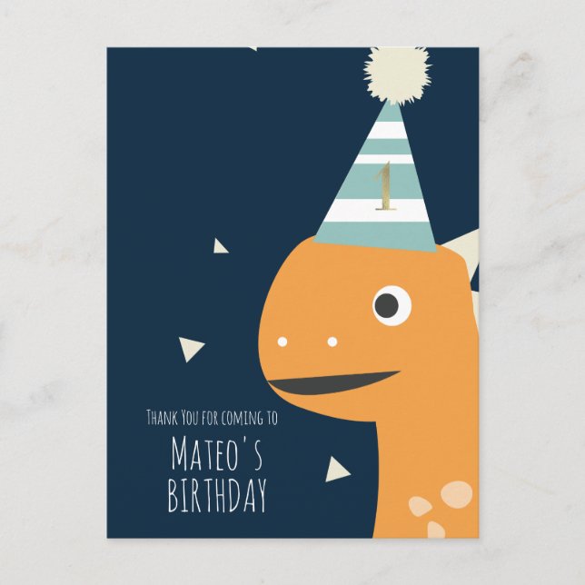 Postal Cumpleaños de Dinosaurio Naranja Agradecimiento Fi (Anverso)