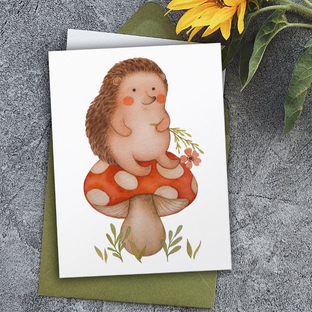 Postal Cumpleaños de erizo de acuarela lindo en una seta (Subido por el creador)