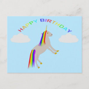 Postal Cumpleaños de Fantasía Unicornio Arcoíris y Nubes