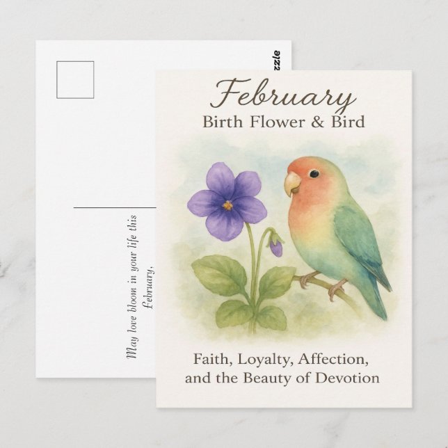 Postal Cumpleaños de Febrero Pájaro de Amor Floral Cristi (Anverso / Reverso)