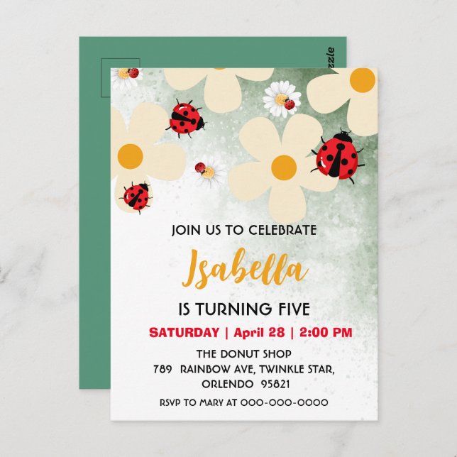 Postal Cumpleaños de flor de margarita de mariquita de lu (Anverso / Reverso)