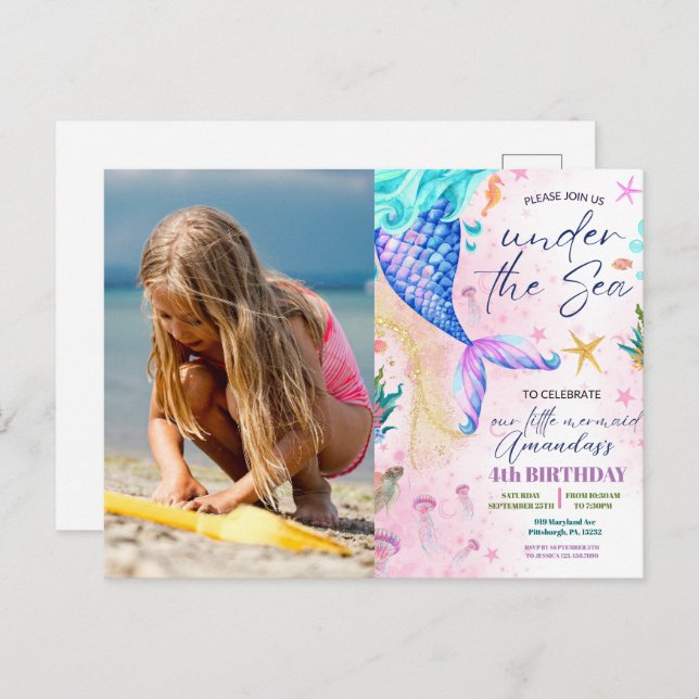 Postal Cumpleaños de Foto de Acuarela de Sirena Bajo el M (Anverso / Reverso)