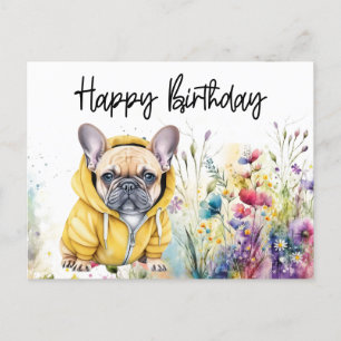 Postal Cumpleaños de French Bulldog en Campo de Flores