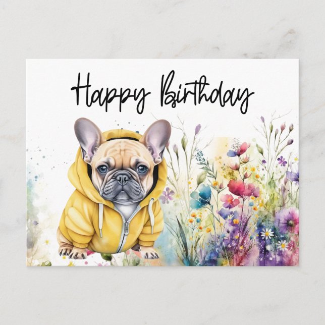 Postal Cumpleaños de French Bulldog en Campo de Flores (Anverso)