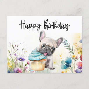 Postal Cumpleaños de French Bulldog en Campo de Flores
