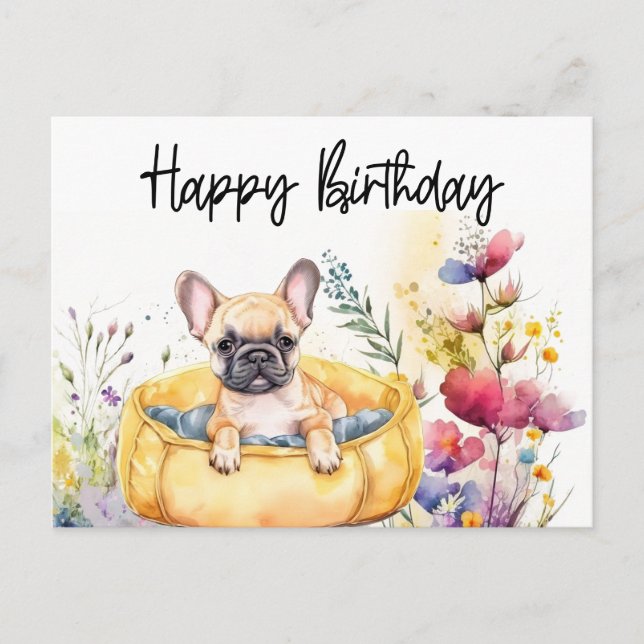 Postal Cumpleaños de French Bulldog en Campo de Flores (Anverso)