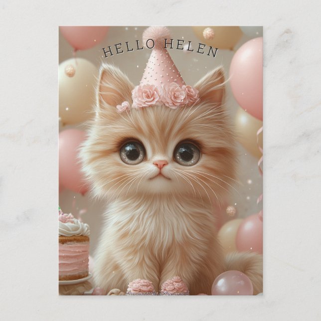 Postal Cumpleaños de gatito bonito sombrero pastel globos (Anverso)