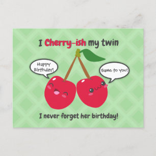 Postal Cumpleaños de gemelos Kawaii de cereza roja linda